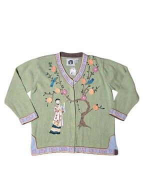 NWT Storybook Knits Asian Geisha Oriental 3d Sweater 1X Green Y2k 80s 90s Beads